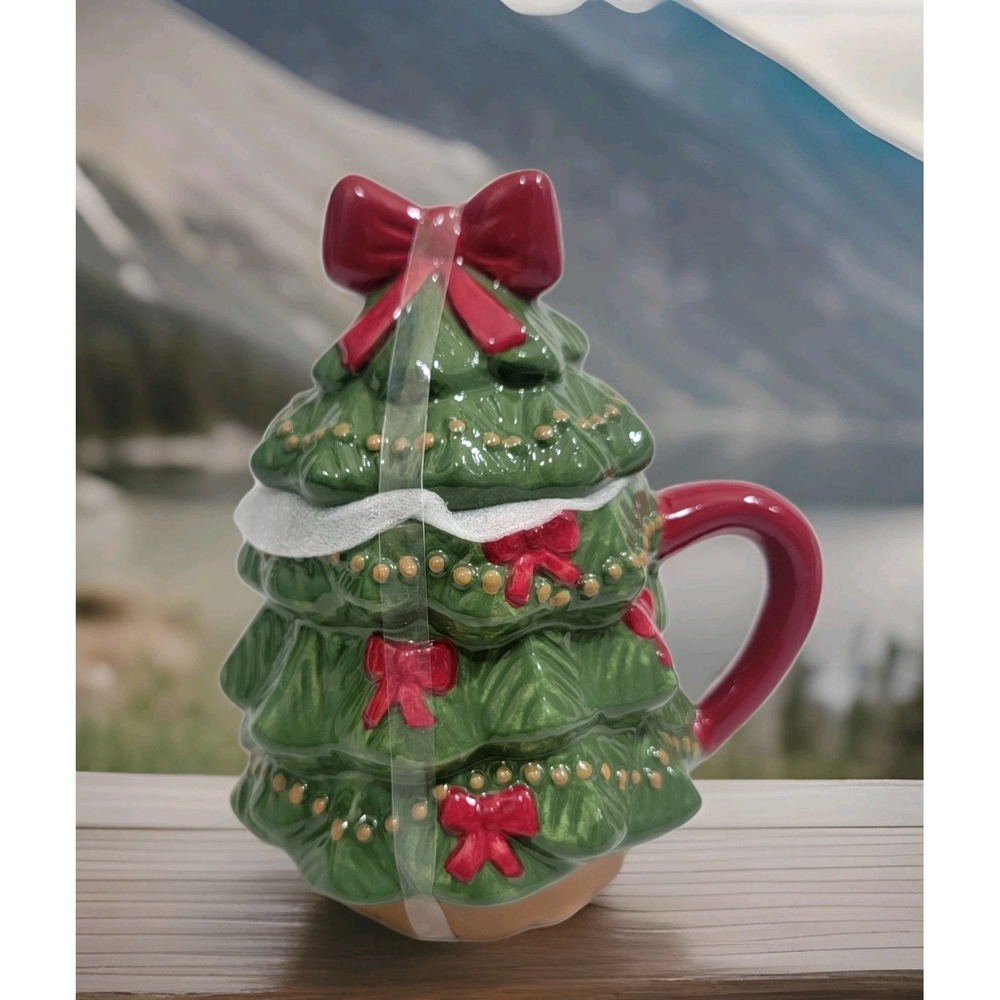 Little Village‎ Figural Christmas Tree Bows Ceramic Coffee Mug Wit Lid & Handle